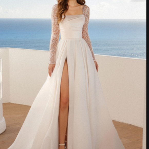 A-Line Square Neckline Long Sleeves Chiffon Wedding Dresses With High Split - Picture 1 of 1